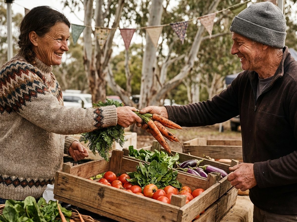 A market vendor handing fresh carrots to a customer