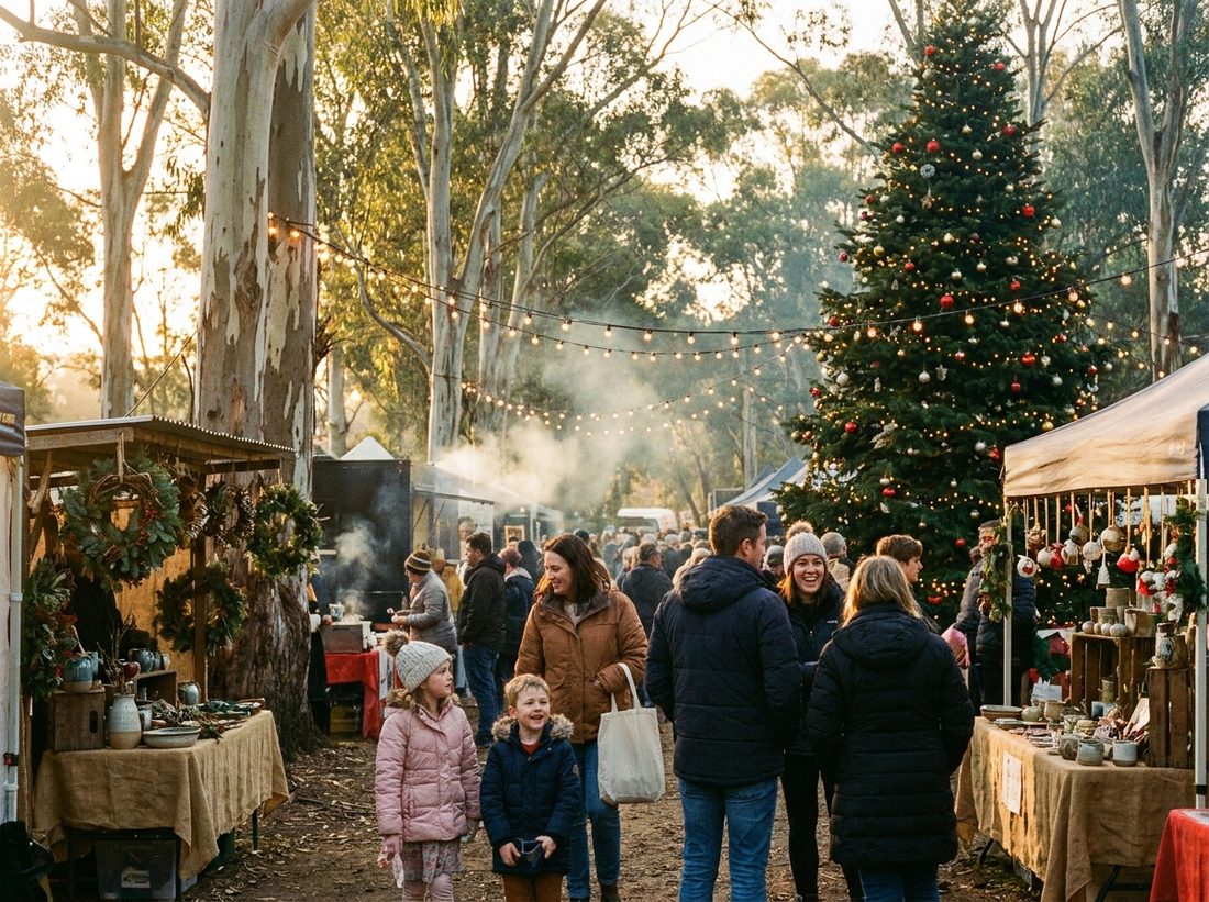 A festive Christmas market with fairy lights