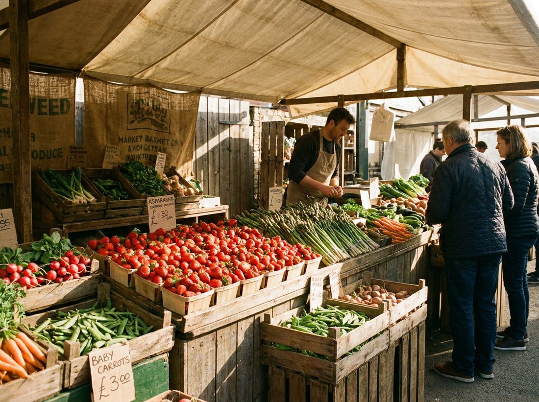 Strawberries and asparagus at a produce stall
