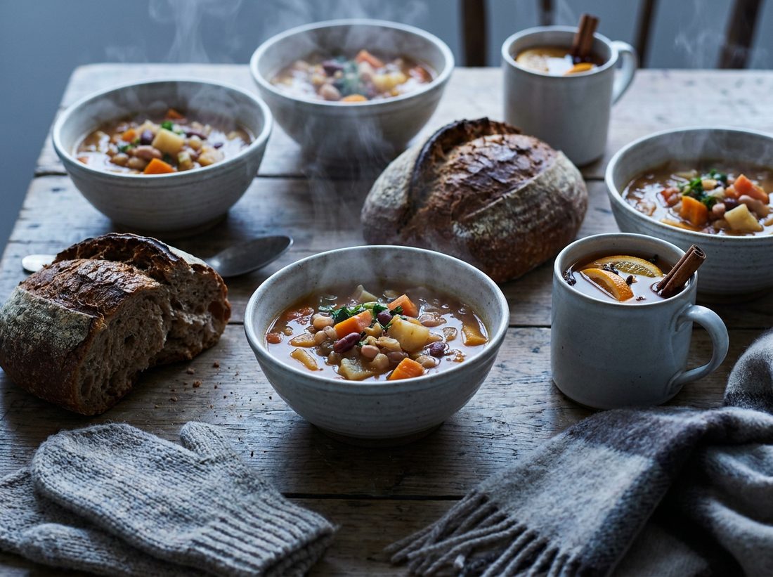 Warm soup and bread on a winter market day