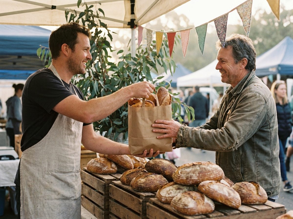 A baker handing over fresh bread