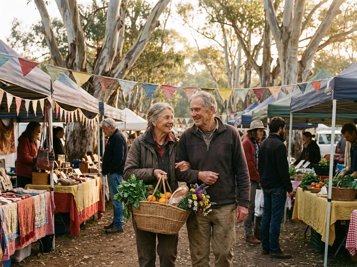 A couple with a basket of fresh produce