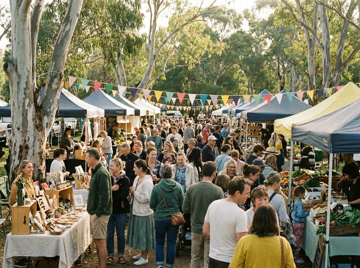 Crowds browsing market stalls