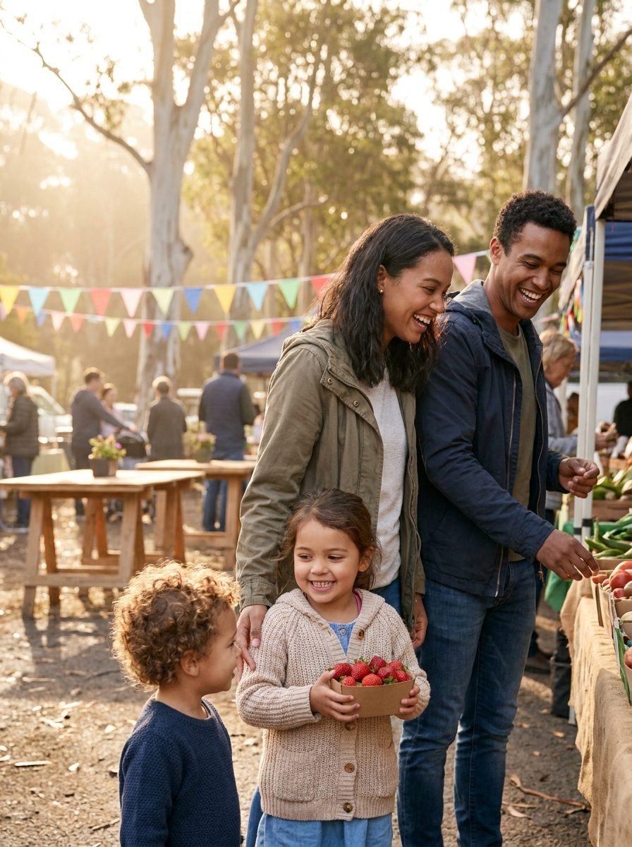 A family with children browsing the markets