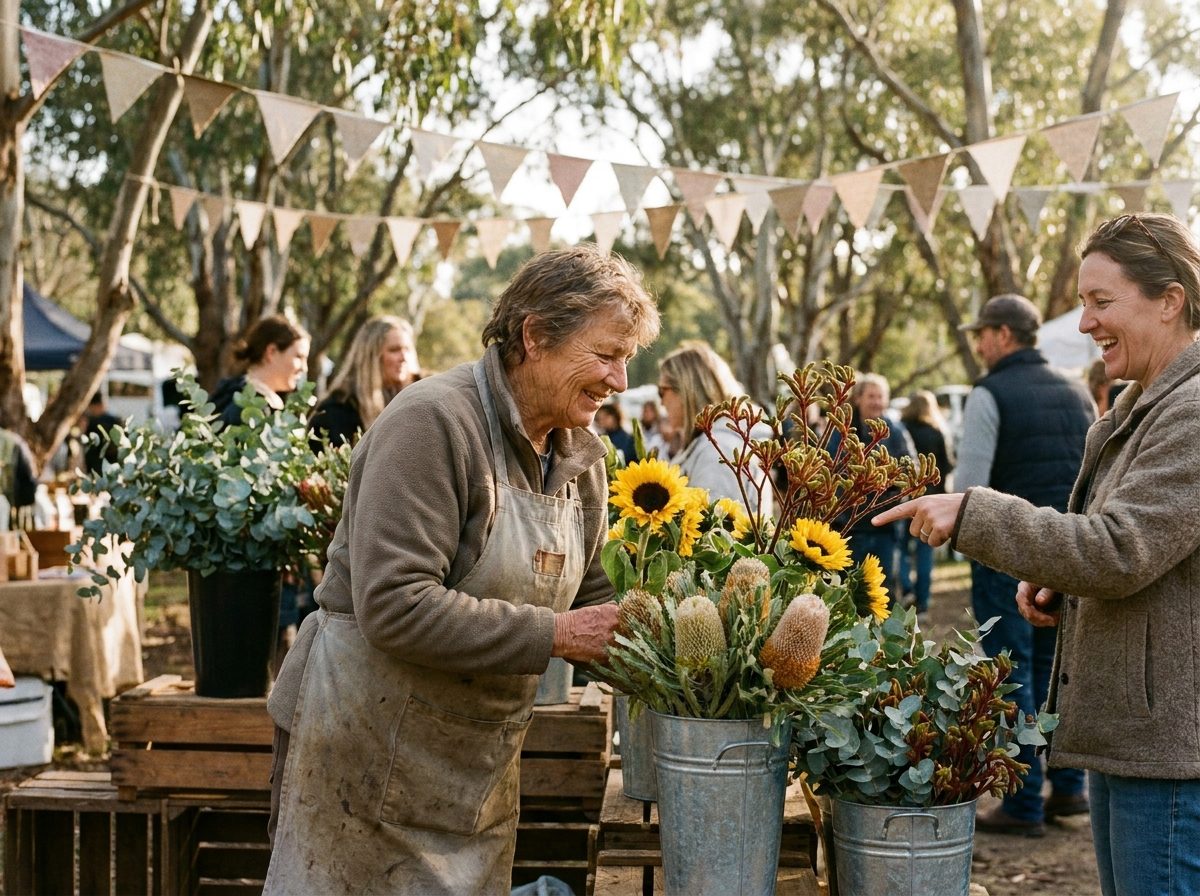 A flower vendor arranging sunflowers