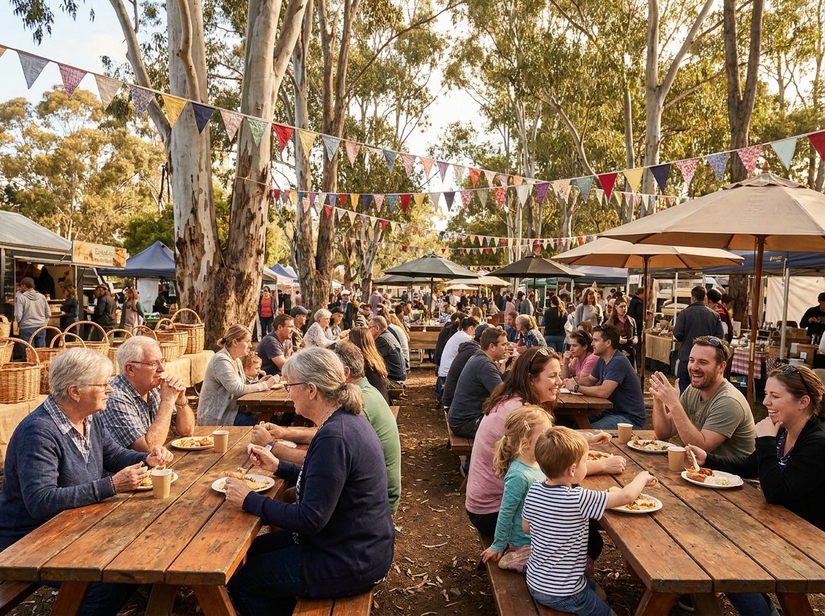 People sharing a meal at picnic tables
