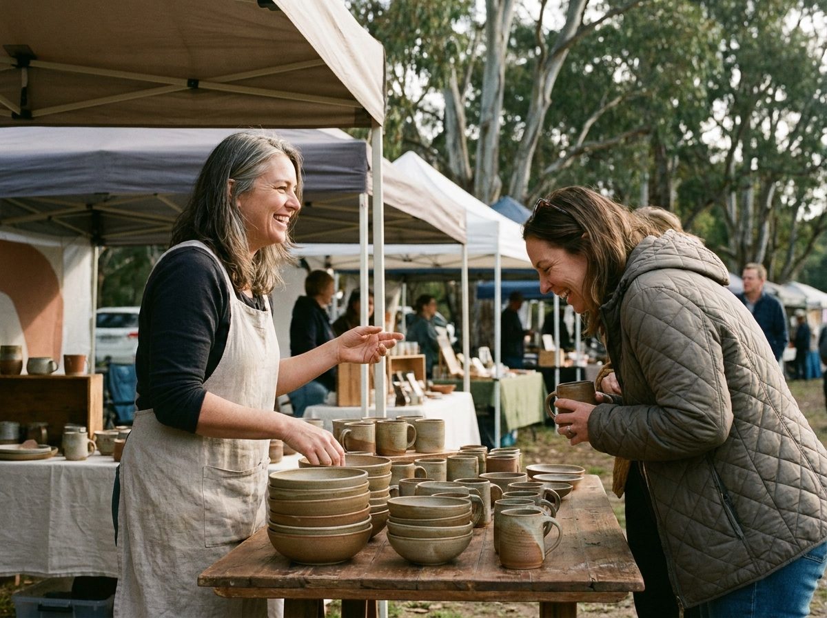 An artisan at her pottery stall