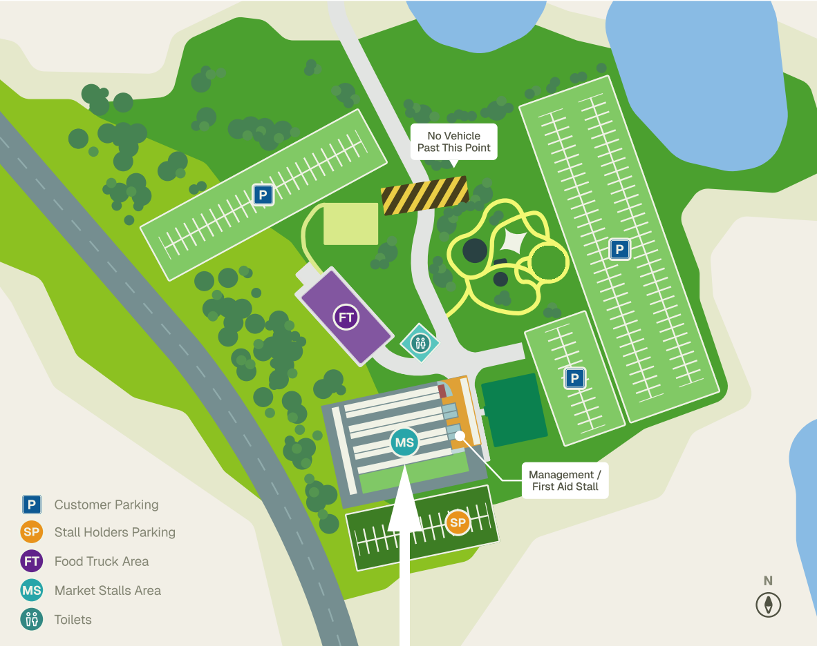 Overall site map of Mundoolun Park showing customer parking, stallholder parking, the food truck area, the market stalls area and toilets.