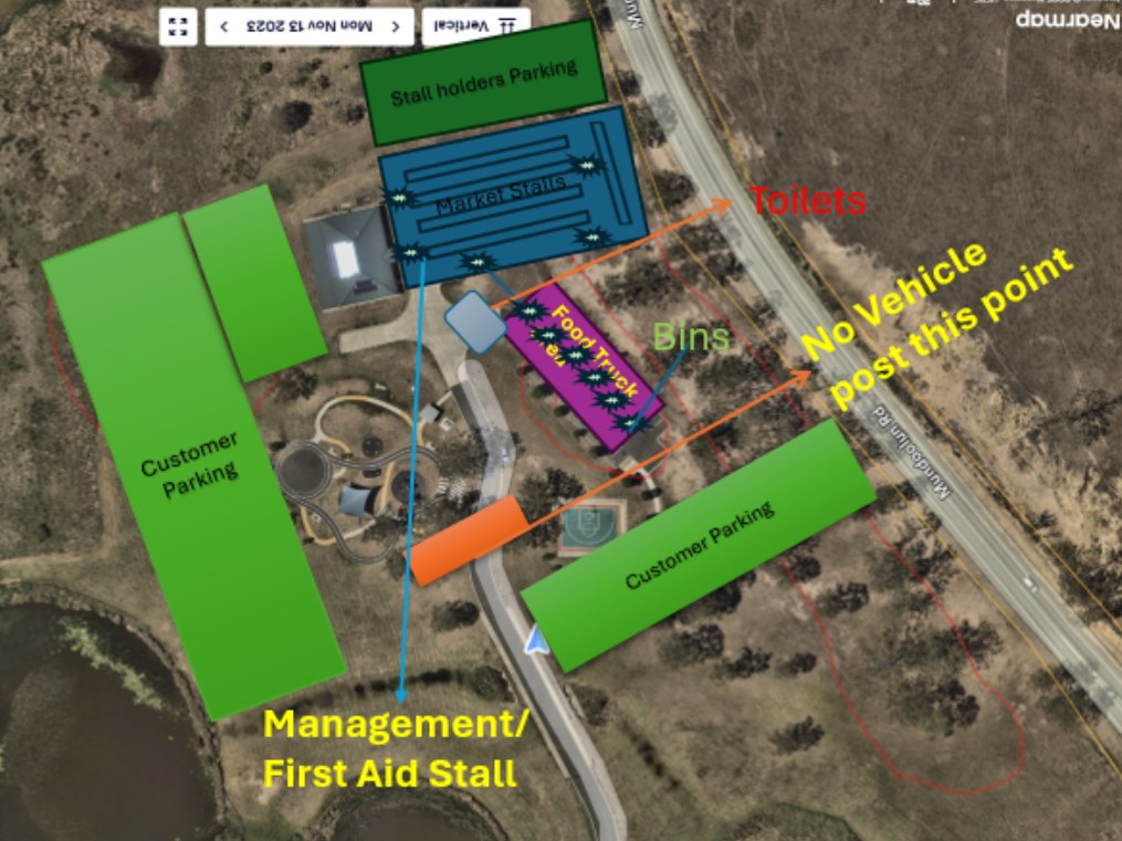 Site plan of Mundoolun Park on market day, showing customer parking, stallholder parking, market stalls, food trucks, toilets, bins and the management/first aid stall.